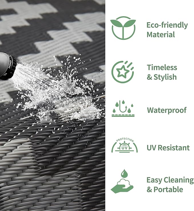 GENIMO Outdoor Rug for Patio Clearance,6'x9' Waterproof Mat,Reversible Plastic Camping Rugs,Rv,Porch,Deck,Camper,Balcony,Backyard,Black & Gray