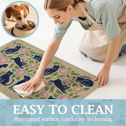 SHIYUE Dog Food Mats for Floors, Absorbent Cat Bowl for Food and Water, Non-Slip Accessories Pet Supplies(12"x20",Beige Animal Flower)