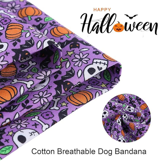ARING PET Halloween Dog Bandanas, Cotton Purple Pumpkin Ghost Bat Floral Pet Bandanas Cute Triangle Bibs Scarf for Small Medium Large Boy Girl Dogs and Cats-L