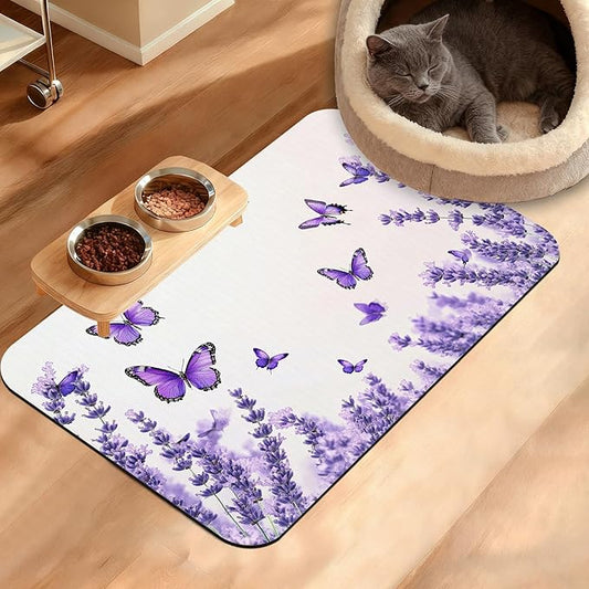 Pet Feeding Mat,Lavender Butterfly Absorbent Dog Cat Food Mat Purple Dog Mat with Rubber Backing,Non-Slip Water Bowl Placemat,Pet Supplies 16" x 24"
