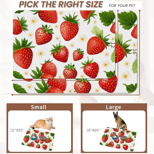 Cute Strawberry Flower Dog Cat Food Mat,Absorbent Pet Feeding Mat with Rubber Backing,Non-Slip Water Bowl Placemat,Indoor Pet Accessories Supplies 12"x20"
