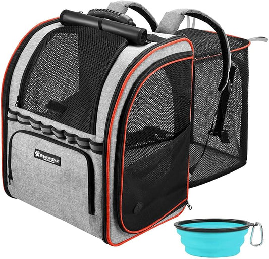 Expandable Cat Carrier Backpacks with Breathable Mesh, Pet Carrier Backpack for Cats Small Dogs Puppies Up to 20 Lbs, Dog Carrier Backpack Great for Travel/Hiking/Camping/Outdoor-Grey with Orange