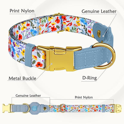 AirTag Dog Collar for Small Medium Large Breed - Adjustable Cute Pattern Dog Collar with Airtag Holder - Soft Leather Tracker GPS Apple Air Tag Pet Collars (Small, 12"-15" Neck Fit, Floral)