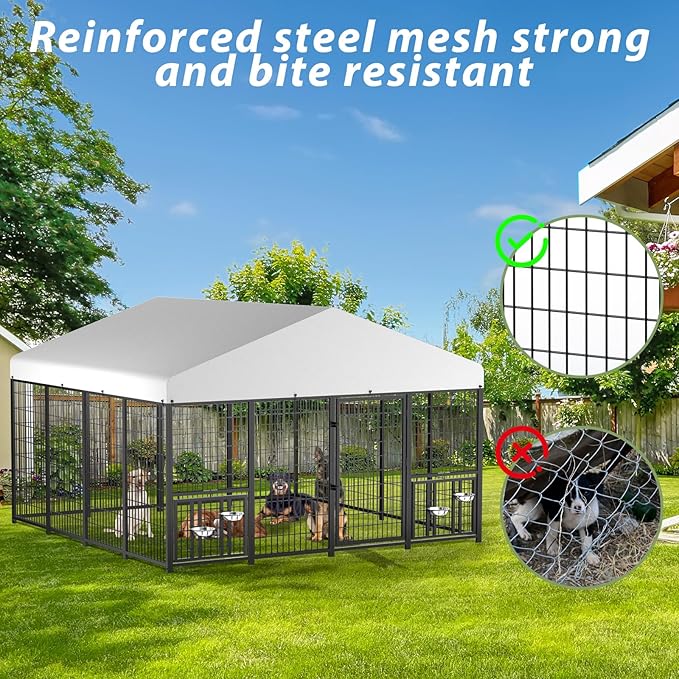 LOVMOR Outdoor Dog Kennel with Roof, Heavy Duty Steel Dog Run Enclosure for Large Dogs, Waterproof Canopy, Double Latch Door, Adjustable Feeding Bowls, Pet Pen for Yard and Patio, 10’L x 10’W x 6.5’H
