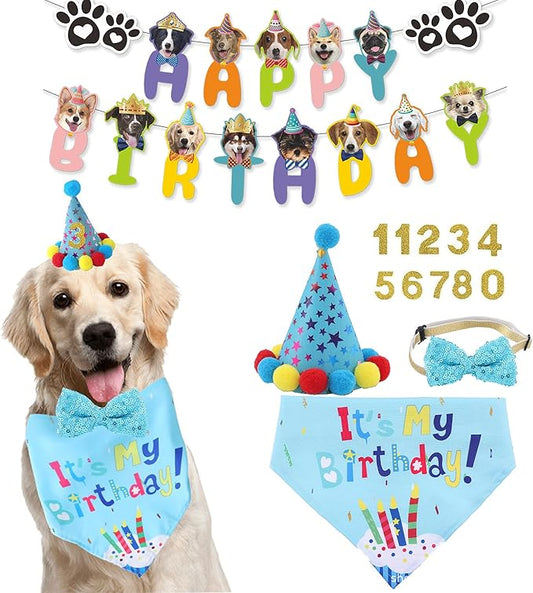 Dog Birthday Decorations,Puppy Birthday Party Outfits, Birthday Hat,Bow Tie,Bandana,Happy Birthday Banner,Pet Theme Suit Apparel & Accessories for Boy Golden Doodle Teddy Husky Labrador(4PCS Blue)
