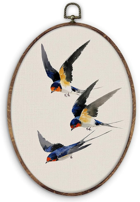 DILSJ Vintage Swallow Bird Oval Wall Art Decor, Rustic Nature Bird Canvas Wall Art Framed, Watercolor Japanese Swallow Hanging Decorations for Home Living Room Bedroom, 11x8.5 Inch