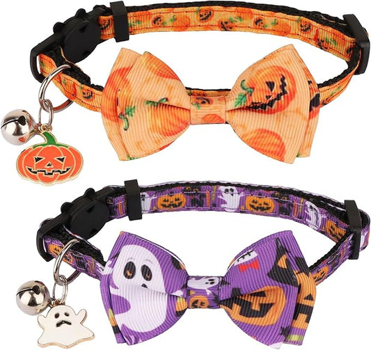 ADOGGYGO Halloween Cat Collars with Bow Bell, Breakaway Kitten Collar with Bowtie Pumpkin Ghost Halloween Collar for Girl Boy Cats Kittens