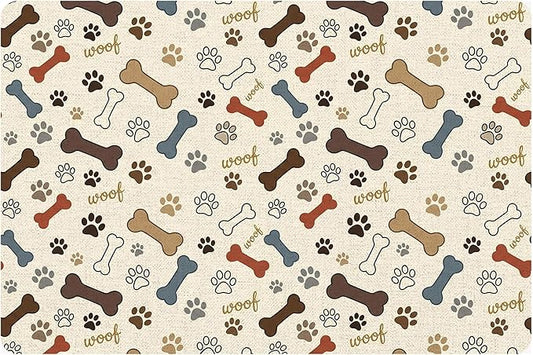 Dog Feeding Mat 24 x 16 Inch, Neutral Paw Bone Woof Dog Placemat Absorbent Quick-Dry for Food and Water, Waterproof Non Slip Rubber Pet Bowl Pad Mat for Floors