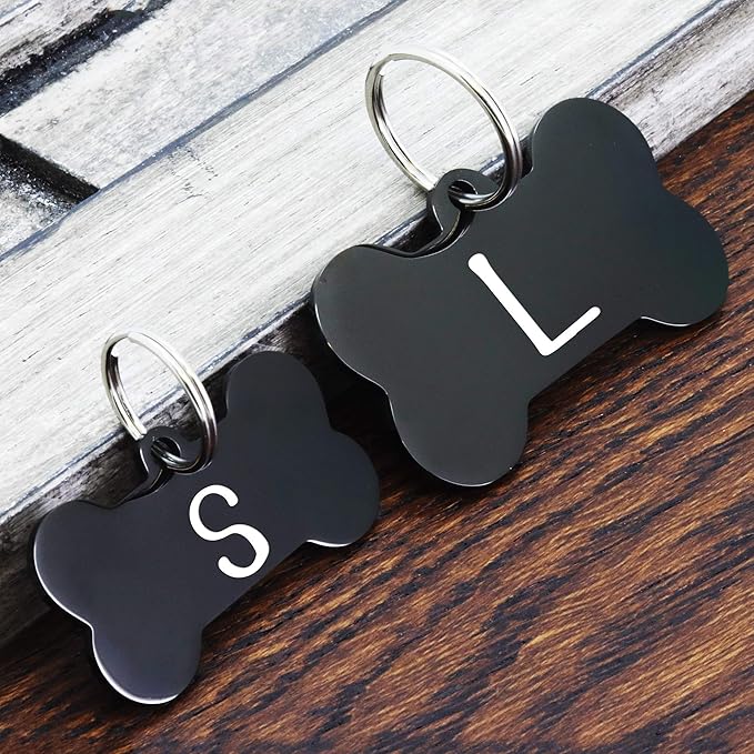 Ultra Joys Personalized Stainless Steel Bone Pet ID Tags - For Dogs and Cats (1 Count, Small (1.6 x 0.8 inches), Black, Polished Finish)