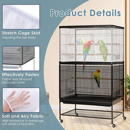 Bissap 2 PCS Bird Cage Seed Catcher, 59-90'' Universal Birdcage Net Nylon Adjustable Elastic Band Stretchy Skirts Mesh Cover for Parrot Cage Seed Guard (Not Include Birdcage)- White & Black