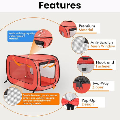 Beatrice Home Fashions Portable, Collapsible, Pop Up Kennel Travel Cat and Dog Crate, 36" L x 22" W x 22" H, Red
