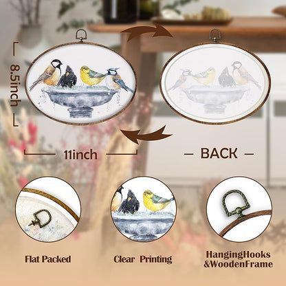 DILSJ Bird Oval Wall Art Decor, Country Bird Bath Canvas Wall Art Framed, Rustic Watercolor Birds Hanging Decorations for Bathroom Washroom Restroom Toilet, 8.5x11 Inch