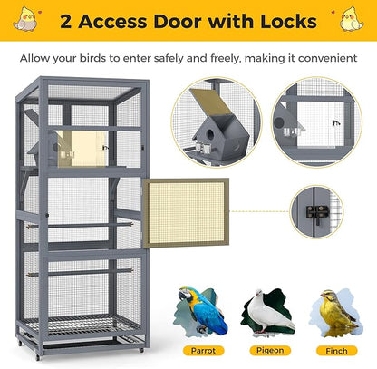 Coziwow 68" H Large Wood Bird Cage on Wheels, Outdoor Bird Aviary Indoor Wooden Large Bird Cage Parakeet Cage with Pull Out Tray and Feeder,Ideal for Small Birds,Finches,Parrots, Gray