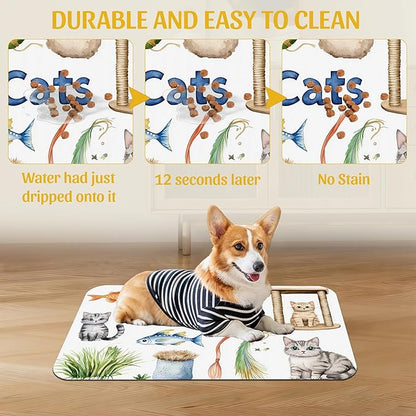 Cat Fun Pet Feeding Mat, Absorbent Bowl Pad for Dogs and Cats, Fast Dry, Non-Slip Back, Indoor Use – 12x20 Inch