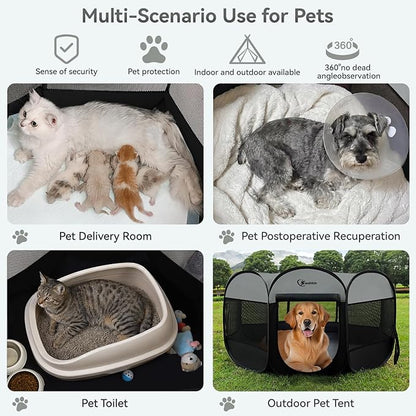 Dark Grey Puppy Playpen for Large Dog Cat, Dogs Tent Crates Cage Indoor/Outdoor, Portable Pop Up Dog Kennel with Carrying Bag for Rabbits, (Dark Grey, Large)