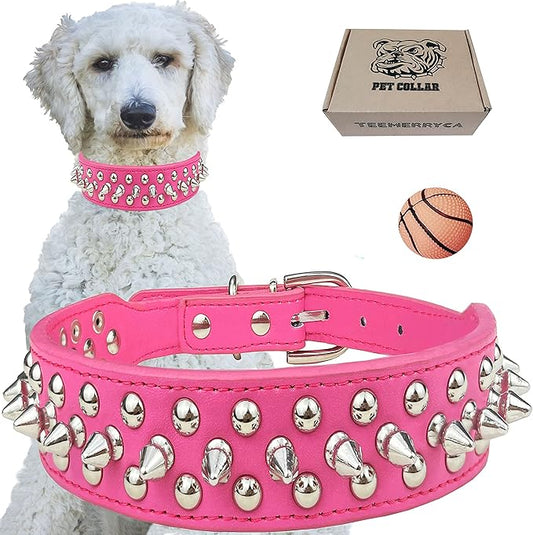 TEEMERRYCA Adjustable PU Leather Spiked Studded Dog Collars with a Squeak Ball Gift for Small Medium Large Pets Like Cats/Pit Bull/Bulldog/Pugs/Husky, Hot Pink, L 15"-18.5"