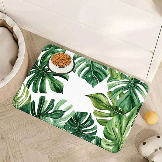 Palm Leaf Pet Feeding Mat,Boho Absorbent Quick-Dry Cat Dog Food and Water Bowl Mats,Non-Slip Rubber Backing Mat,Cat Dog Accessories Supplies 16"x24"