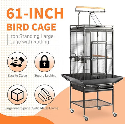 VINGLI Bird Cage with Rolling Stand for Parrots, Cockatiels, Budgies, Lovebirds, Small/Medium Birds (62“H with Play Top)