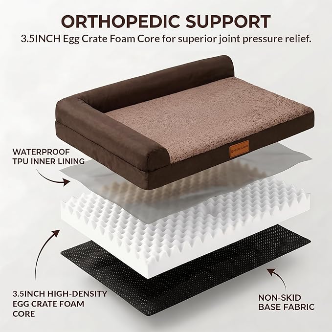 Patas Lague Orthopedic Jumbo Dog Bed for Extra Large Dogs 56''X40'', Waterproof L Bolster Pet Sofa Beds with Removable Washable Cover, Soft Comfortable Pet Couch Crate Mat with Nonskid Bottom, Brown