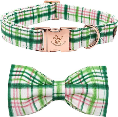 Elegant Little Tail Dog Collar with Pink & Green Plaid Bow - Cute Bowtie, Adjustable X-Small Puppy & Cat Collar