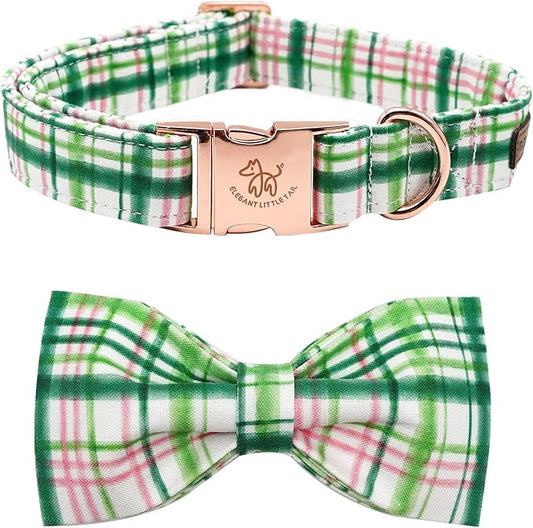 Elegant Little Tail Dog Collar with Bow - Pink with Green Plaid Cute Bowtie Adjustable Collar for Small Puppy