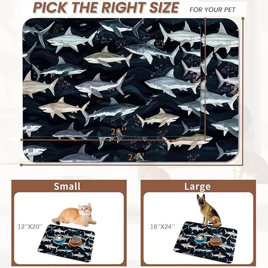 Cute Shark Dog Cat Food Mat,Absorbent Pet Feeding Mat with Rubber Backing,Non-Slip Water Bowl Placemat,Indoor Pet Accessories Supplies 16"x24"