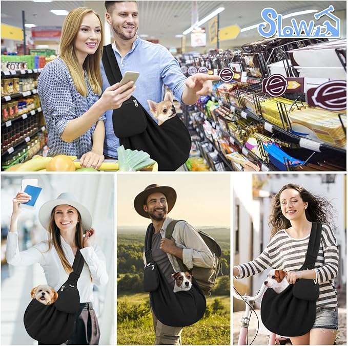 SlowTon Dog Carrier Sling - Thick Padded Shoulder Strap Adjustable Dog Carriers for Small Dogs, Puppy Carrier Purse for Pet Cat with Front Zipper Pocket Safety Belt Machine Washable (Dark Black, M)