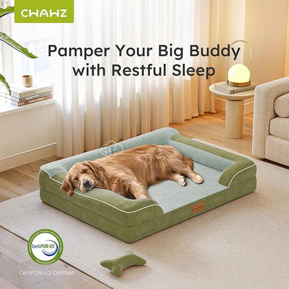 Extra Large Dog Bed, Orthopedic Dog Bed with Cooling Gel Memory Foam, Waterproof XL Pet Bed with Removable Washable Cover, 42" Pet Sofa Couch Dutch Velvet with Bone Toy, Dark Green
