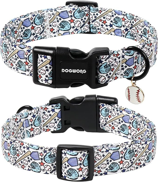 DOGWONG Baseball Dog Collar-Cute Boy Baseball Dog Collar, Adjustable Soft Male Dogs Collars for Large Dogs, L