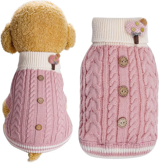 Dog Sweater Turtleneck Knitwear Doggie Pullover Sweater Doggy Winter Coat Warm Pet Clothes Puppy Holiday Clothing Buttons Knitted Outfits for Small Cats Dogs Cold Weather (Small)
