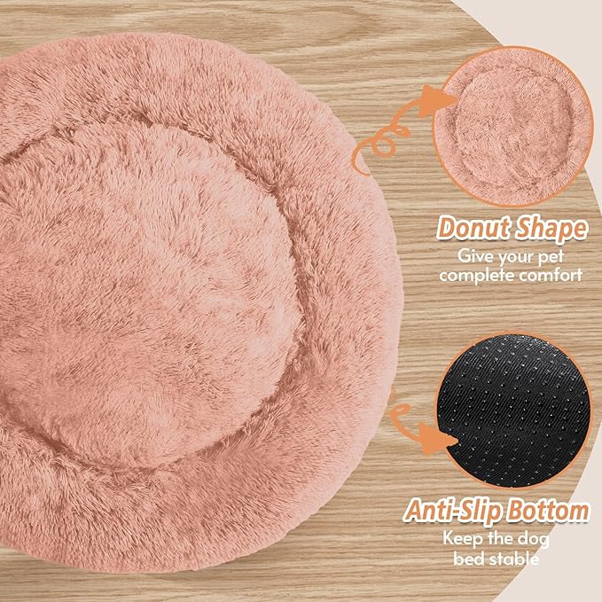 JOLLYVOGUE Calming Dog Bed Large Size Dog, Anti-Anxiety Donut Large Pet Bed, 36 inches Fluffy Faux Fur Round Cat Bed, Fits up to 75 lbs Pets (Peach Pink)