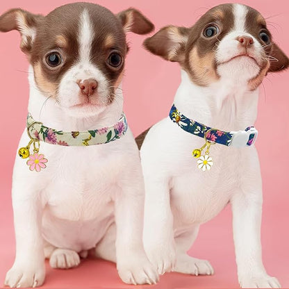 2 Pack Cotton Breakaway Cat Collars Set with Bell and Flower Pendant, Cute Floral Fruit Patterned, Adjustable 7.5-11Inch, Include A Mouse Toy Gift