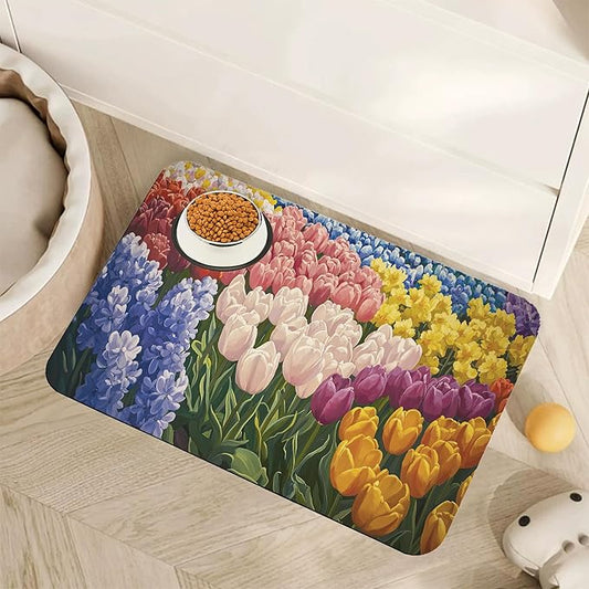 Tulip Lavender Pet Feeding Mat,Vintage Flower Fields Absorbent Quick-Dry Cat Dog Food and Water Bowl Mats,Non-Slip Rubber Backing Mat,Cat Dog Accessories Supplies 12"x20"