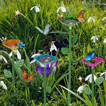 2 Pack Bee Watering Station,Bee Bath for Garden Metal Bee Water Feeder with Flower Design, Colorful Butterfly Bee Bath Bowl for Outdoor Garden Yard Decor (Blue,Yellow)