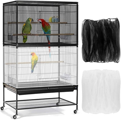 Bissap 2 PCS Bird Cage Seed Catcher, 59-90'' Universal Birdcage Net Nylon Adjustable Elastic Band Stretchy Skirts Mesh Cover for Parrot Cage Seed Guard (Not Include Birdcage)- White & Black