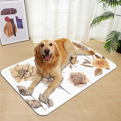 Floral Palm Leaves Dog Cat Food Mat–Christmas Stocking Absorbent Waterproof Placemat for Food and Water Bowls, Non Slip Rubber Backing, Feeding Mat for Clean Floors 12"x20"