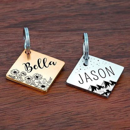 Ultra Joys Stainless Steel Pet ID Tags - Personalized Front and Back Engraving, Customized Dog and Cat Tags, Optional Engraved on Both Sides, Diamond Flower Silver Small