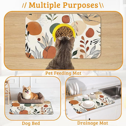 Boho Dog Cat Food Mat,Abstract Leaves Absorbent Waterproof Placemat for Food and Water Non Slip Rubber Backing Durable Feeding Pad for Clean Floors 16" x 24"