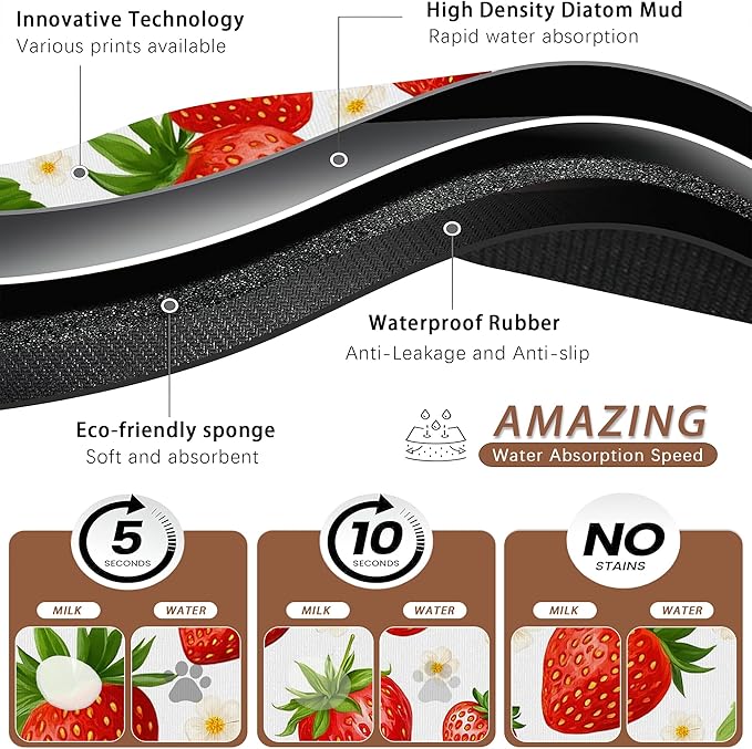 Cute Strawberry Flower Dog Cat Food Mat,Absorbent Pet Feeding Mat with Rubber Backing,Non-Slip Water Bowl Placemat,Indoor Pet Accessories Supplies 16"x24"