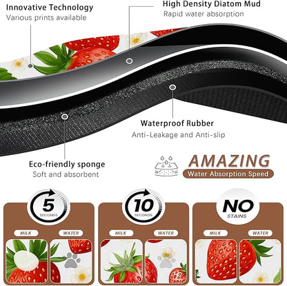 Cute Strawberry Flower Dog Cat Food Mat,Absorbent Pet Feeding Mat with Rubber Backing,Non-Slip Water Bowl Placemat,Indoor Pet Accessories Supplies 16"x24"