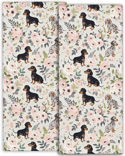 Cute Dachshund Hand Towels - 2 Pack,14.5" X 28",Soft Microfiber Polyester Towel Set with Weiner Dog-Lover & Floral Pattern,for Rustic Bathroom Kitchen Spa Hotel Decor Gifts Women Girl