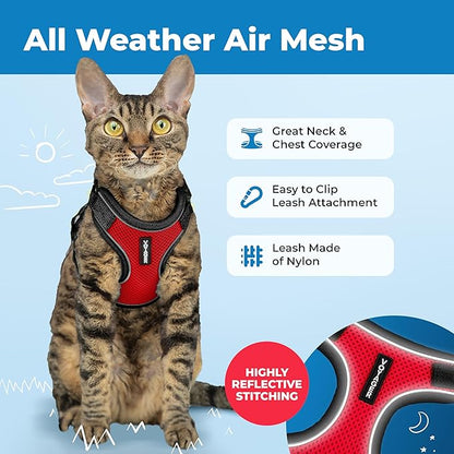 Voyager Escape-Proof Step-in Lock Cat Harness & 5ft Neoprene-Handle Leash Set All-Weather Mesh with Reflective Stitching for Small to Large Cats by Best Pet Supplies, Black Trim-Red (327), XXXS