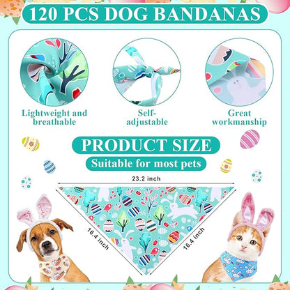 Sanwuta 120 Pcs Easter Dog Bandanas Bulk Rabbits Patterns Bandanas for Dogs Easter Eggs Adjustable Washable Pet Triangle Scarf for Small and Medium Dogs, 30 Styles