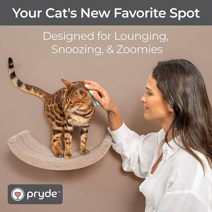 Wall Mounted Cat Hammock Bed by Pryde Pets - Floating Perch Curved Shelf, 100% Sustainable PET Felt Feline Enrichment Climber Furniture for Indoor Cats, Modern Climbing Gym Jungle Design (Oatmeal)
