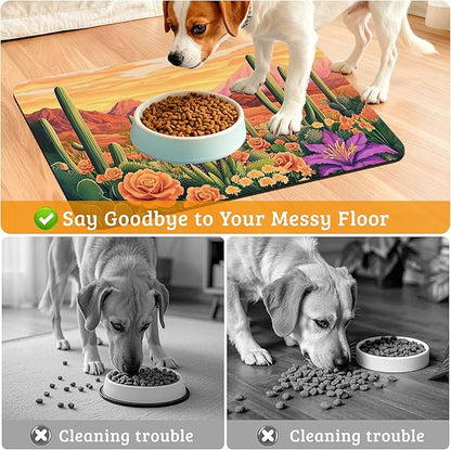 Pet Feeding Mat,Cactus Absorbent Dog Cat Food Mat Desert Dog Mat with Rubber Backing,Non-Slip Water Bowl Placemat,Pet Supplies 12" x 20"