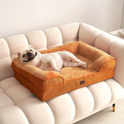 EHEYCIGA Orthopedic Dog Beds for Large Dogs, Waterproof Memory Foam Large Pet Bed with Sides, Non-Slip Bottom and Egg-Crate Foam Dog Couch Bed with Washable Removable Cover,Pumpkin Orange