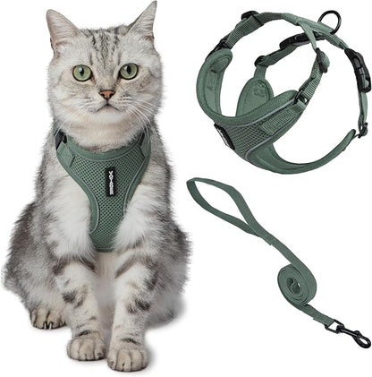 Voyager Escape-Proof Step-in Lock Cat Harness & 5ft Neoprene-Handle Leash Set All-Weather Mesh with Reflective Stitching for Small to Large Cats by Best Pet Supplies, Moss Green (327), XXS
