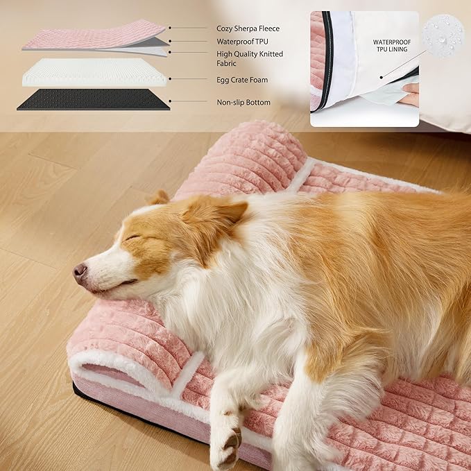 Orthopedic Dog Bed Medium Size Dog with Pillow 30''X20'', Waterproof Soft Comfortable Egg Crate Foam Pet Crate Beds Mat with Removable Washable Cover and Non-Slip Bottom, Pink