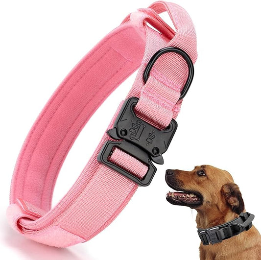 Tactical Dog Collar, Adjustable Military Training Nylon Dog Collar with Control Handle and Heavy Quick-Release Metal Buckle for Small Medium Large Dogs, Light Pink XXL