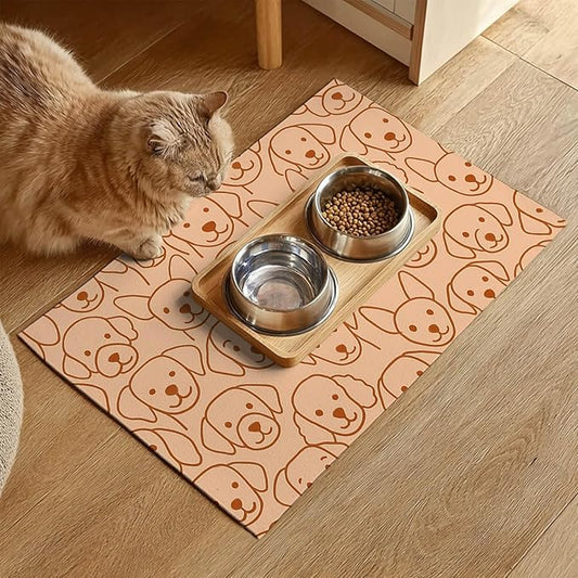 Adorable Cute Dog Faces Pattern Pets Food Mat Spill-Proof Pets Feeding Mats Cats Food and Water Bowl Pet Easy Clean Fast Dry Pet Mats for Foods and Water Mat for Cat Dogs 20" x 12"
